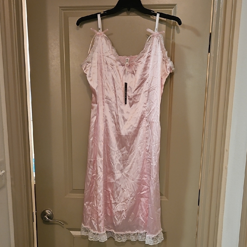 Pink Satin Chemise with Lace Trim